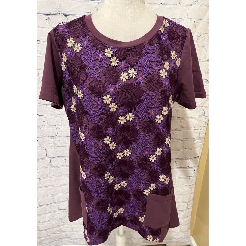 Logo Lounge Crochet Overlay Top Blouse With Pockets Purple Plum Size Large